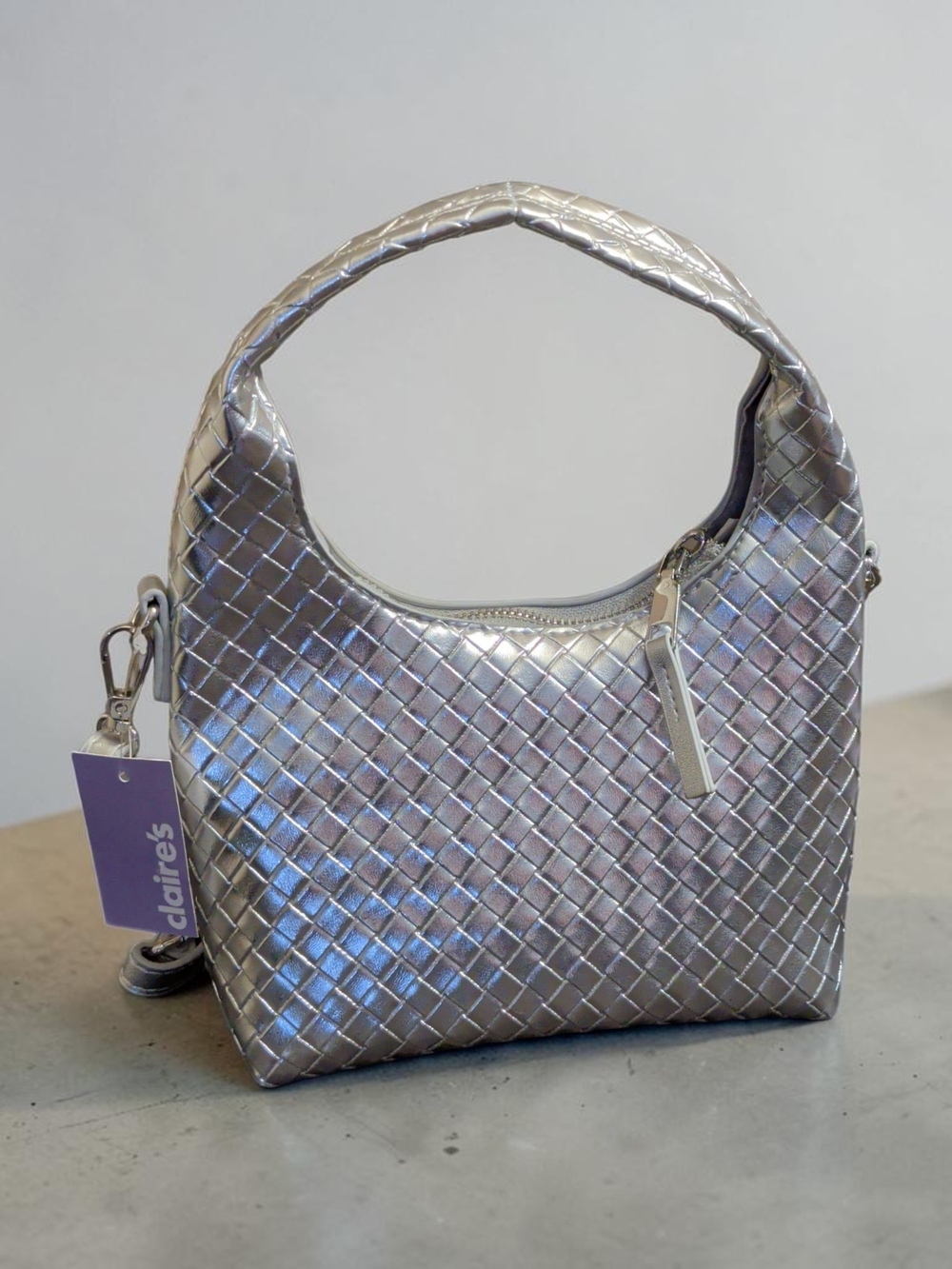 Claire's Metallic Silver Woven Shoulder Bag